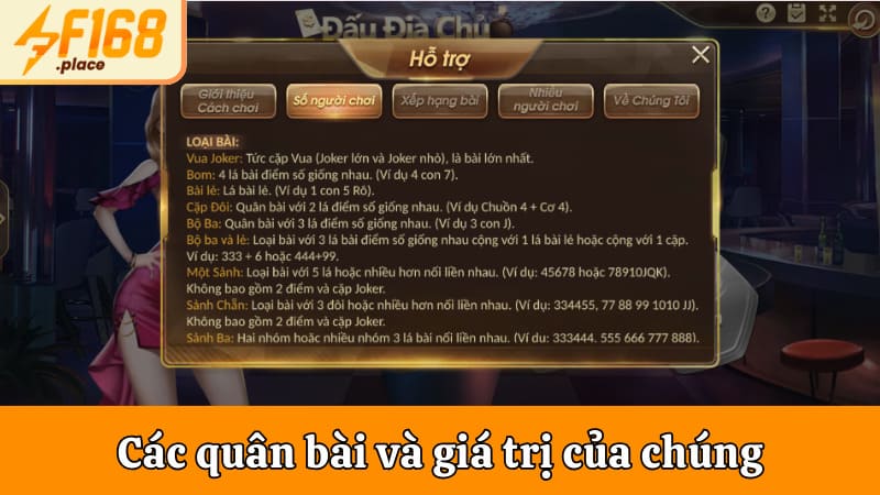 Các quân bài có trong trò chơi và giá trị của chúng